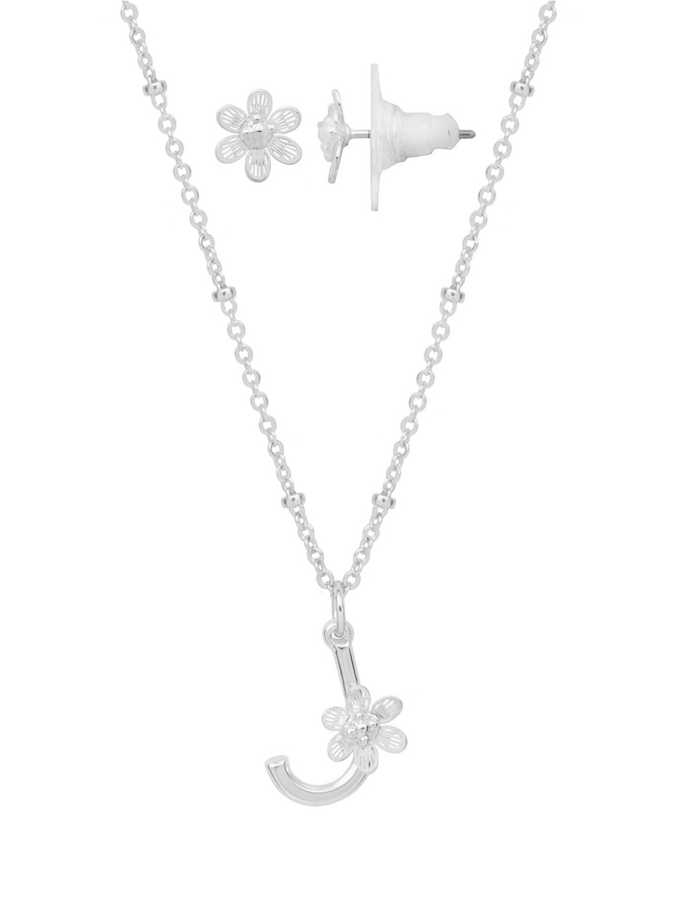Silver Daisy Initial J Necklace and Stud Earrings Set